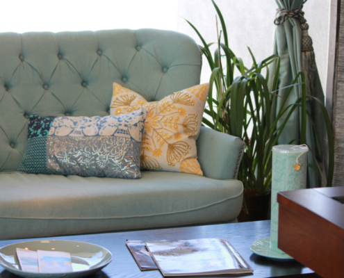 coach with pillows and table with magazines